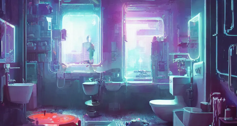 Image similar to IKEA catalogue photo of a cyberpunk bathroom, by Paul Lehr, 8k, HD, realistic, cinematic, artstation, details