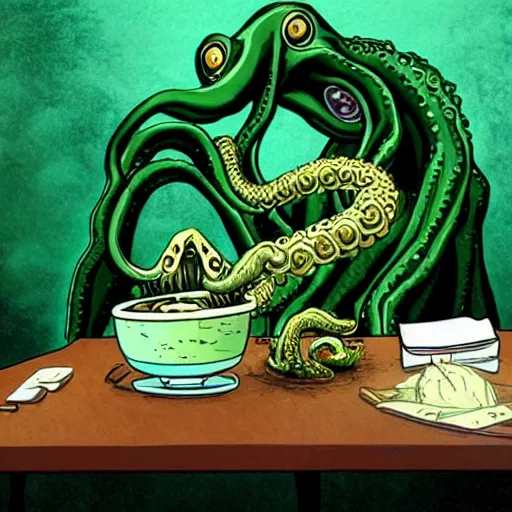 Image similar to Cthulhu monster using its tentacle sitting at table eating ramen H.P. Lovecraft