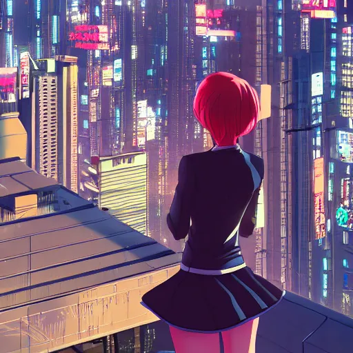 Image similar to a girl stands on top of a multi-storey building, anime style, 4k, cyberpunk city in the background, very detailed, by Ilya Kuvshinov