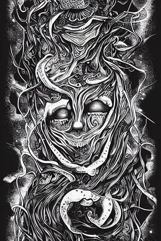 Image similar to black and white illustration, creative design, body horror, cosmic monster