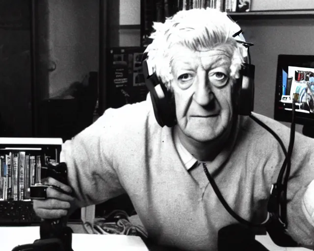 Prompt: Jon Pertwee as a Twitch streamer, wearing a gaming headset, webcam screenshot