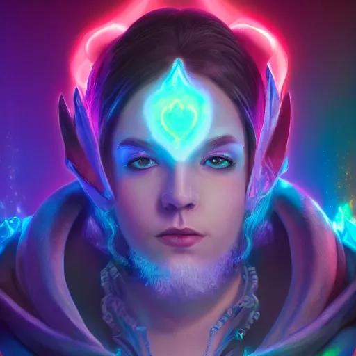 Image similar to a oil art portrait of young mage with neon magic in style of warcraft character, bard jester character sheet, 4 k, ultra detail, volumetric lighting, unreal engine, octane render, grimdark