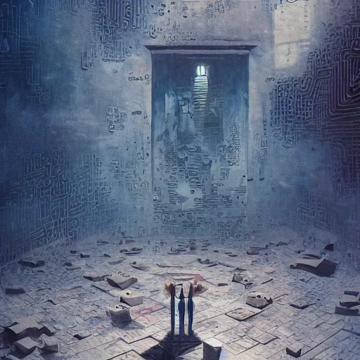 Prompt: surrealist artwork by greg rutkowski, lost in a maze of clues, walls made of matrix symbols, uppercase and lowercase, conjunctions and disjunctions, telepathic connection, hidden door