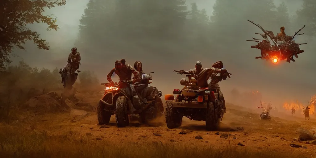 Prompt: indian on wooden native atv attacking bufallos, action scene, an epic fantasy, dramatic lighting, cinematic, establishing shot, extremely high detail, photorealistic, cinematic lighting, artstation, octane render, by simon stalenhag, buffalo hunt movie, alpha movie, western