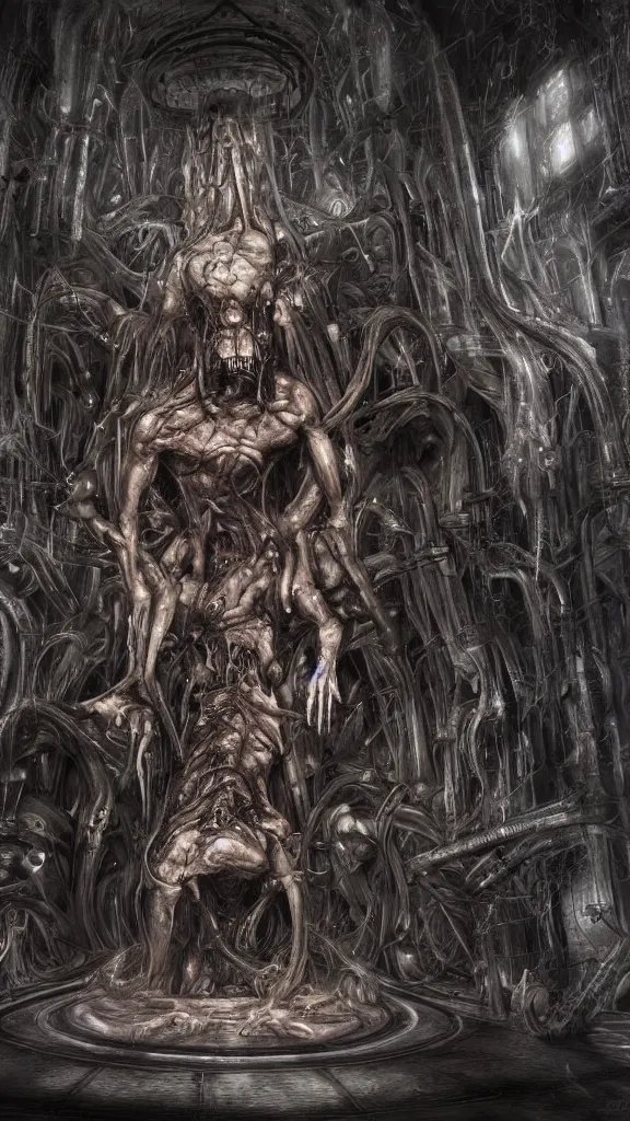 Image similar to god is dead, and ai killed him, in the style of hr giger, hyperrealistic, photorealistic, scifi illustration, 4 k, ultra hd, rendered in unreal engine 5, dark, gritty, evil, award winning, mystical, dungeons and dragons, mechanical