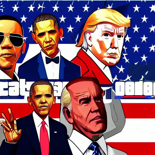 Image similar to GTA Cover Art, Obama, Biden, Trump, USA Presidents, Patriotic, God Bless America