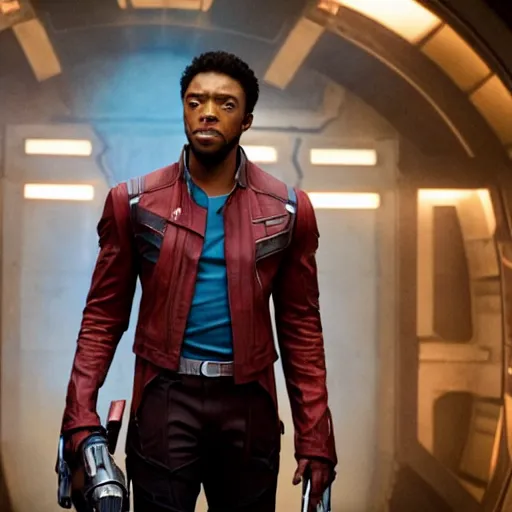 Image similar to film still of Chadwick Boseman as Star Lord in Guardians of the Galaxy