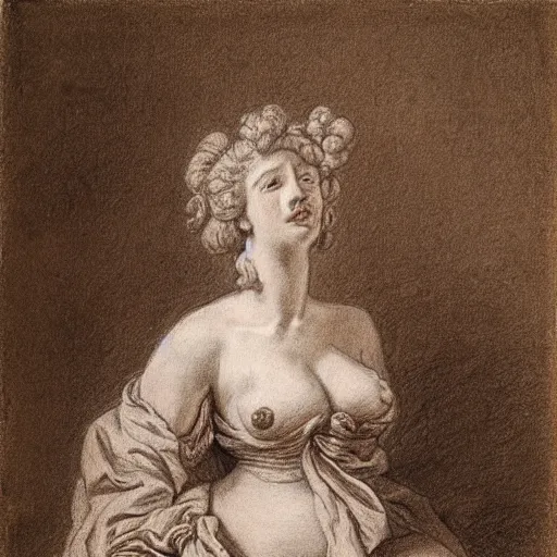 Image similar to Drawing of a woman, full body, clothed, François Boucher, red chalk, watteau