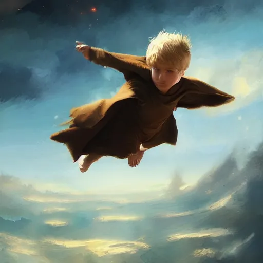 Image similar to blonde boy wearing a brown cape and flying in t pose, closeup, powerful, space background, oil painting, brush strokes, greg rutkowski