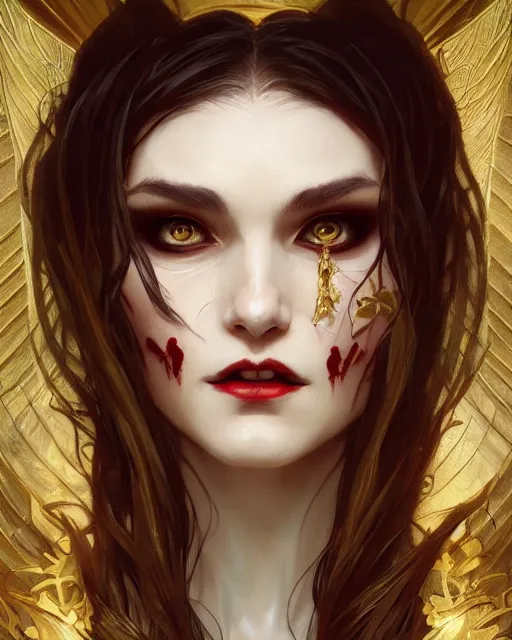 Image similar to female vampire, perfect face, gold corset, cinematic, stunning, highly detailed, digital painting, artstation, smooth, hard focus, illustration, art by artgerm and greg rutkowski and alphonse mucha