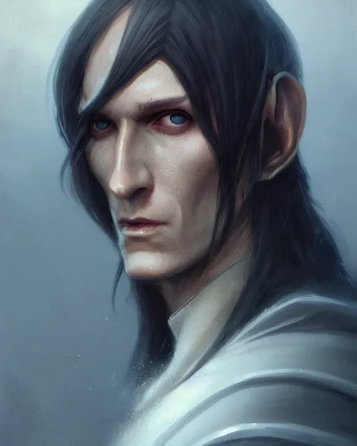 Image similar to character portrait of a slender half - elven man, by greg rutkowski, mark brookes, jim burns, tom bagshaw, trending on artstation