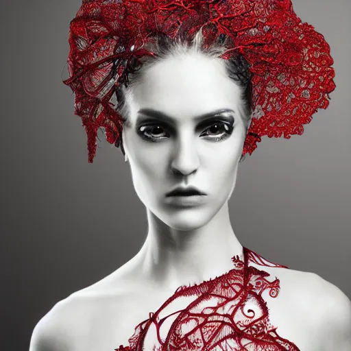 Prompt: a female model by stefan geselle and nekro borja, photorealistic, biomechanical, fractal fiberglass tendrils, red lace, intricate details, hyper realistic, ornate headpiece, dark beauty, photorealistic, canon r 3, photography, wide shot, photography, dark beauty, symmetrical features