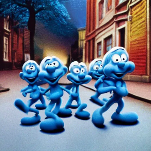 Prompt: the smurfs on the beatles album cover, 8 k resolution hyperdetailed photorealism