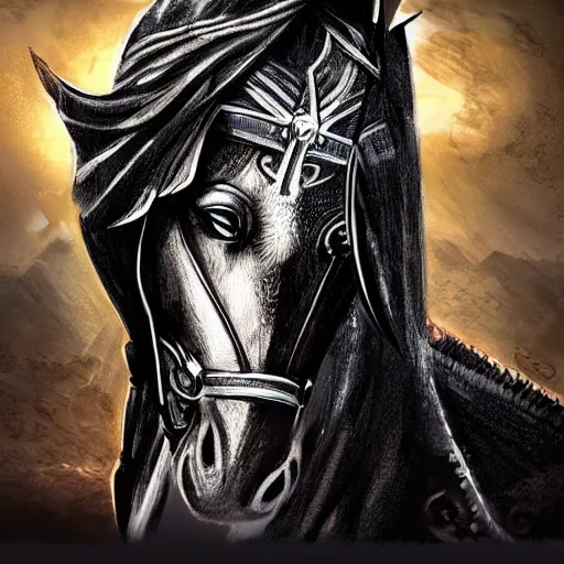 Prompt: an illustration for a new video game, by square enix, about a hero who fights for his nation, the depiction of a very beautiful face, wearing a turban and also a black horse, his clothes are very desert patterned, and also symmetrical, perfect shape, and also very detailed, this illustration is drawn by yoshitaka amano