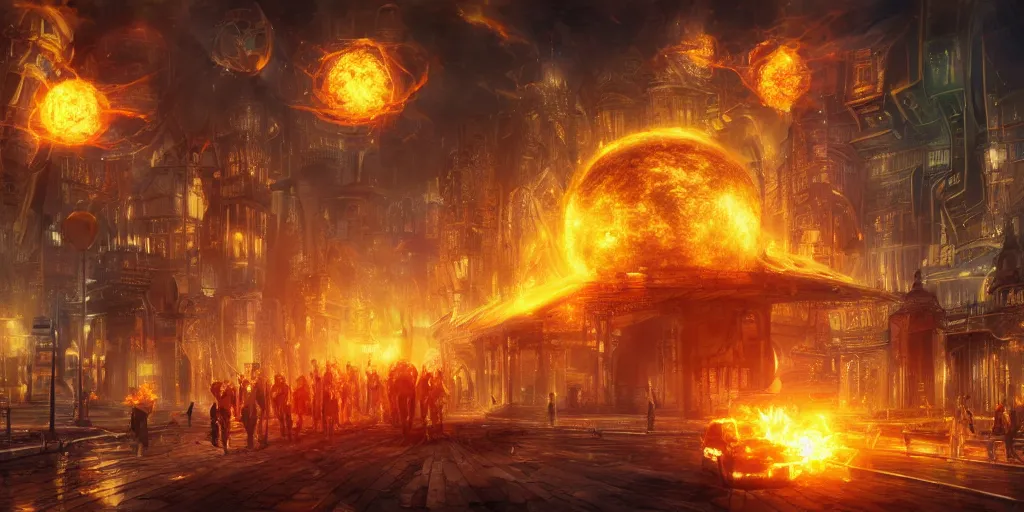 Image similar to fantasy city at night while giant ball of fire crashes to the ground, surreal, digital art, concept art, highly detailed, trending on artstation