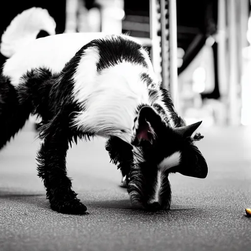 Image similar to black and white fox terrier with extreme muscles, chewing on a car tire, inside a gym, 50mm photography with flash