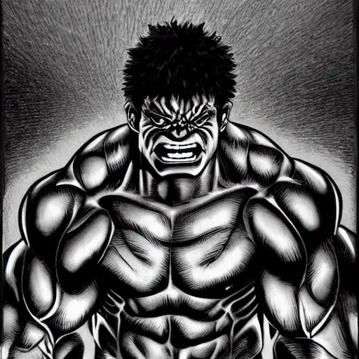 Prompt: Hulk by Kentaro Miura, highly detailed, black and white