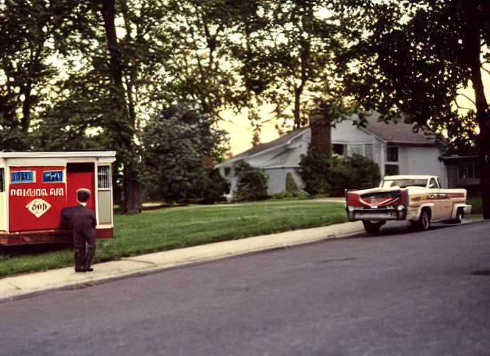 Image similar to a 3 5 mm photo from the back of a mailman delivering the mail to a suburban house in the 1 9 6 0 s, bokeh, canon 5 0 mm, cinematic lighting, dramatic, film, photography, golden hour, depth of field, award - winning, 3 5 mm film grain