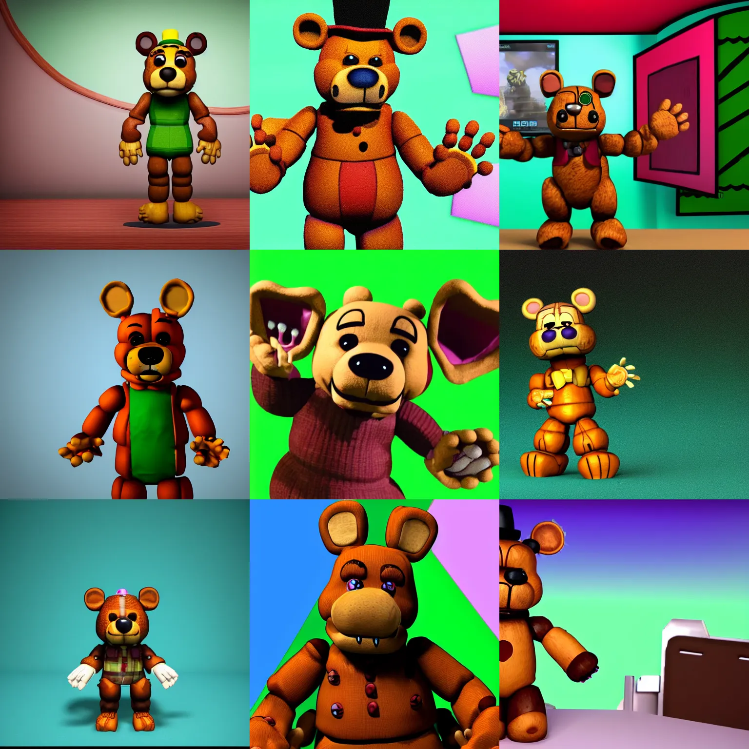 Prompt: Freddy fazbear in front of a green screen