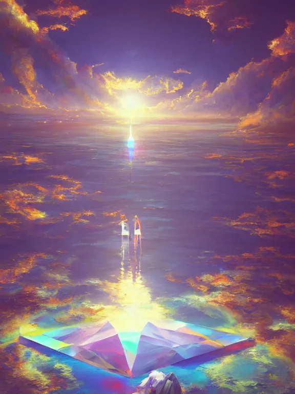 Prompt: in the reflexion of the magical water rest the keeper of the prism, the key to dream, oil painting, high resolution 4 k, by makoto shinkai and beeple