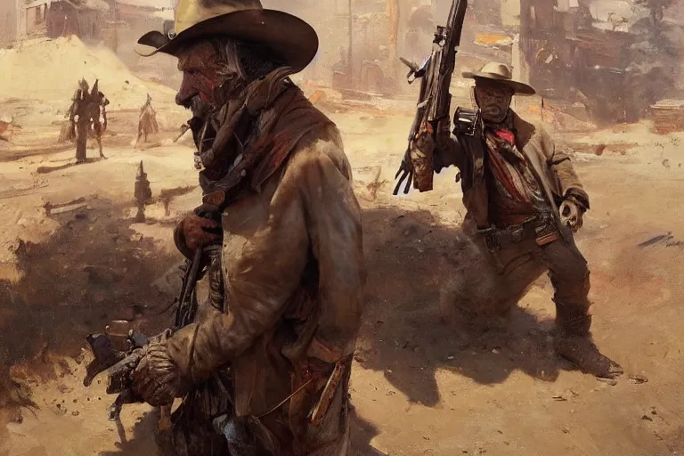 Image similar to oil painting of old rugged robot bounty hunter in a gunfight in dusty wild west street, art by anders zorn, wonderful masterpiece by greg rutkowski, beautiful cinematic light, american romanticism by greg manchess, jessica rossier