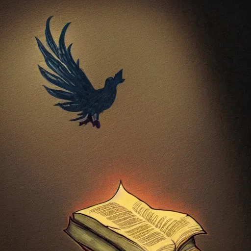 Prompt: In a dark and dusty library, a small bird sits next to a book and reads. Glowing runes are embedded into the walls. The bird is a phoenix, its flames softly illuminating the darkness. Small rats scurry past, trying to avoid attention