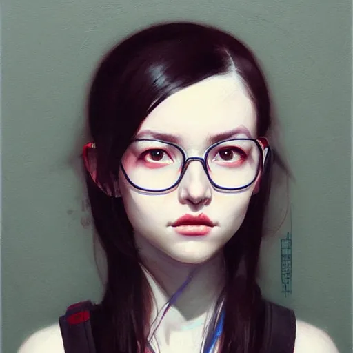 Image similar to Facial portrait of a pretty cute nerdy girl, looking at the camera, slight awkward smile, lips slightly parted, no hands visible, extremely detailed painting by Greg Rutkowski and by Henry Justice Ford and by Harumi Hironaka