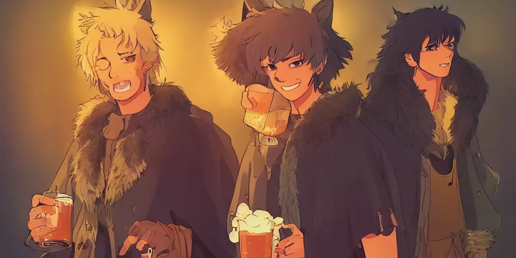 Image similar to a two german shepherds beast - men, holding a mug of beer, a lot of pockets, fur cape, tavern background, magical, bright, colorful, fantastic lighting, amazing details, 4 k uhd, illustration by hayao miyazaki and makoto shinkai and ilya kuvshinov, artstation, pixiv,