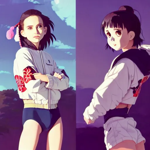 Image similar to a beautiful boyish natalie portman gravure model, wearing oversized mayan bomber jacket and leotard with overalls, bulky poofy bomber jacket with mesoamerican patterns, mesoamerican street fashion, gapmoe yandere grimdark, trending on pixiv fanbox, painted by greg rutkowski makoto shinkai takashi takeuchi studio ghibli, akihiko yoshida