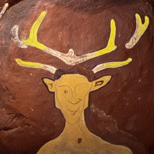 Prompt: cave painting of a man with antlers, altamira, ochre, very detailed, beautiful, 4 k studio photo,