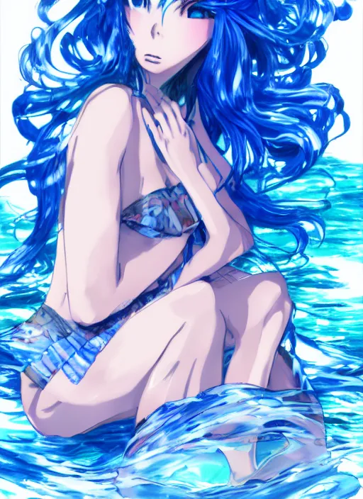 Image similar to a woman with blue hair sitting in the water, an anime drawing by yuumei, featured on pixiv, rayonism, pixiv, seapunk, anime