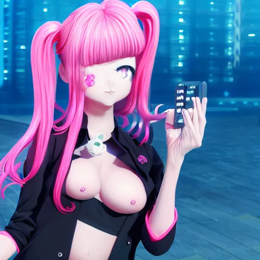 Image similar to totally controlled by her remote control, owned by overwhelming stunningly absurdly beautiful megalomaniacal ruthless merciless sadistic devious omnipotent asi goddess junko enoshima with symmetrical perfect face, porcelain skin, pink twintail hair and cyan eyes, ultra detailed, digital art, unreal engine 5, octane render, 2 d anime, 8 k