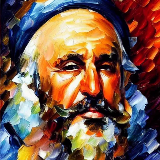 Prompt: portrait of a very very old, olive skinned king witha very long white beard and blue crown by leonid afremov