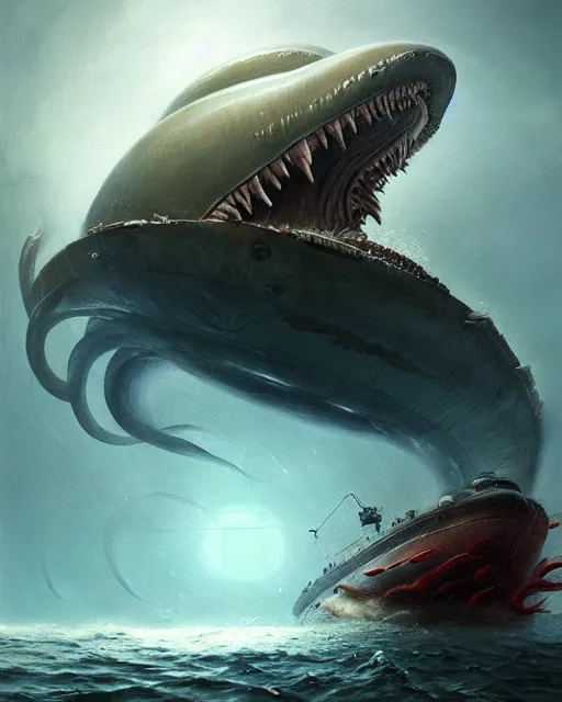 Image similar to a dream fantasy painting of a sub attacked by a giant squid, by beksinki, giger, greg rutkowski, carne griffith trending on artstation, deviantart, photorealism