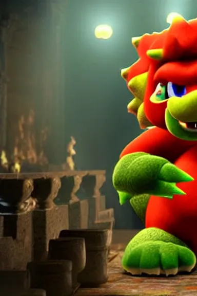 Prompt: very very intricate photorealistic photo of a realistic version of bowser jr in an episode of game of thrones, photo is in focus with detailed atmospheric lighting, award - winning details