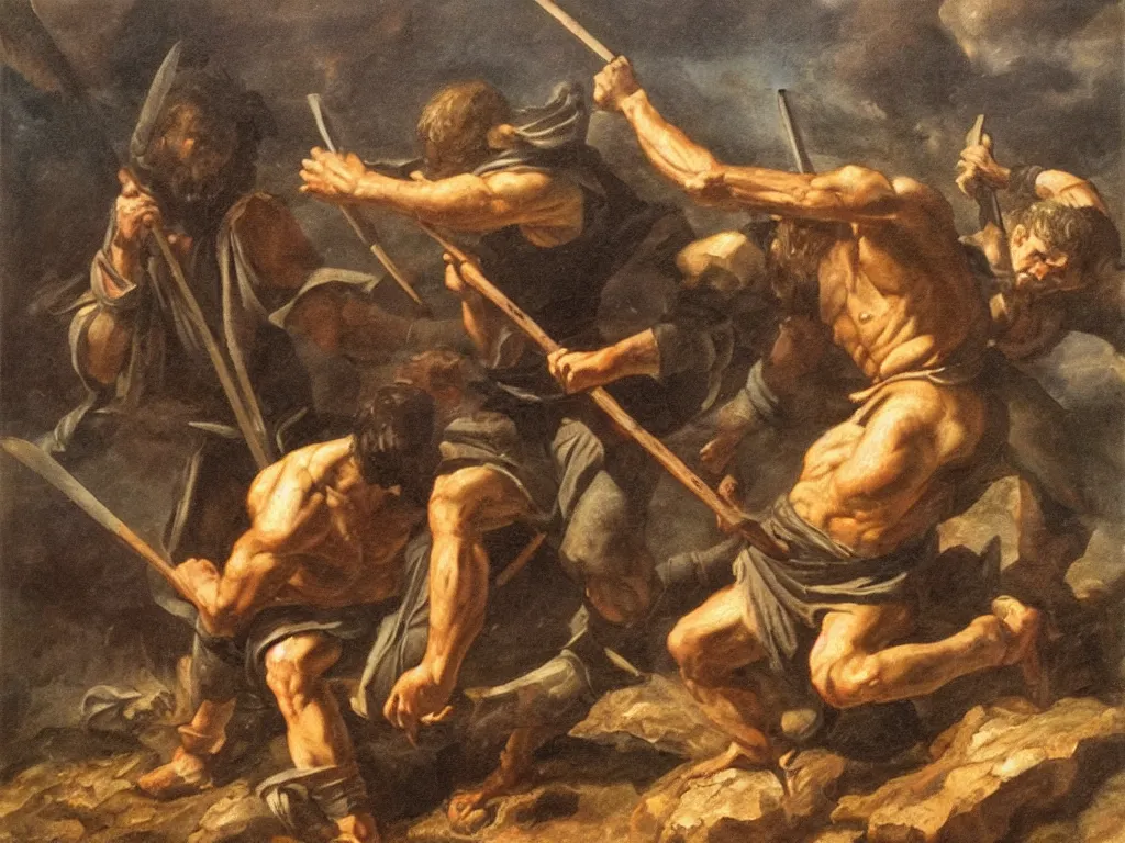 Prompt: Cain slaying Abel with a spear, oil painting, moody, dramatic, detailed
