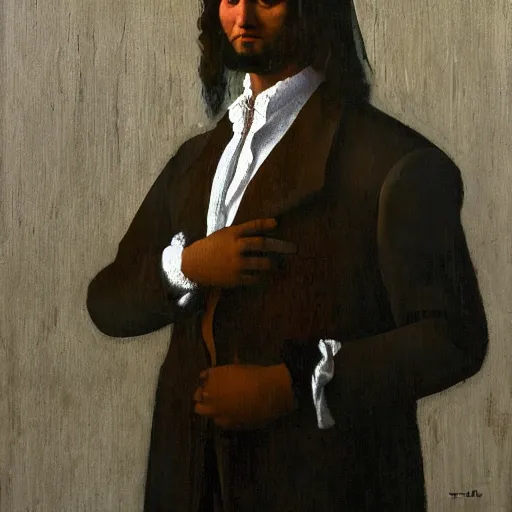 Image similar to a man posed in a suit, dmitry spiros, leonardo da vinci, jacques - louis david, johannes vermeer, 8 k, wide angle, trending on artstation,