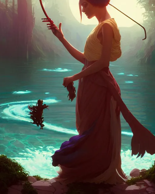 Image similar to highly detailed vfx portrait of a mage casting a water spell, unreal engine, greg rutkowski, loish, rhads, beeple, makoto shinkai and lois van baarle, ilya kuvshinov, rossdraws, tom bagshaw, alphonse mucha, global illumination, detailed and intricate environment