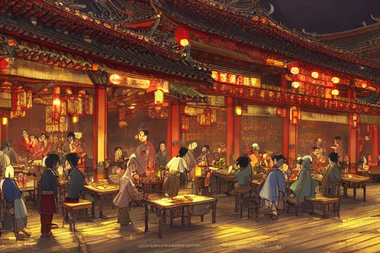 Prompt: fantasy art of a bustling tavern in china, at night, by hayao miyazaki, highly detailed digital art, trending on artstation