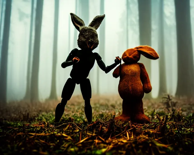 Prompt: a lomography photo of rumble between two humanoid with rabbit head in foggy forest this morning, bokeh,