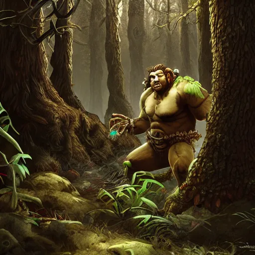 Image similar to an ettin from dnd in a dark forest, digital art, high quality render, artstation