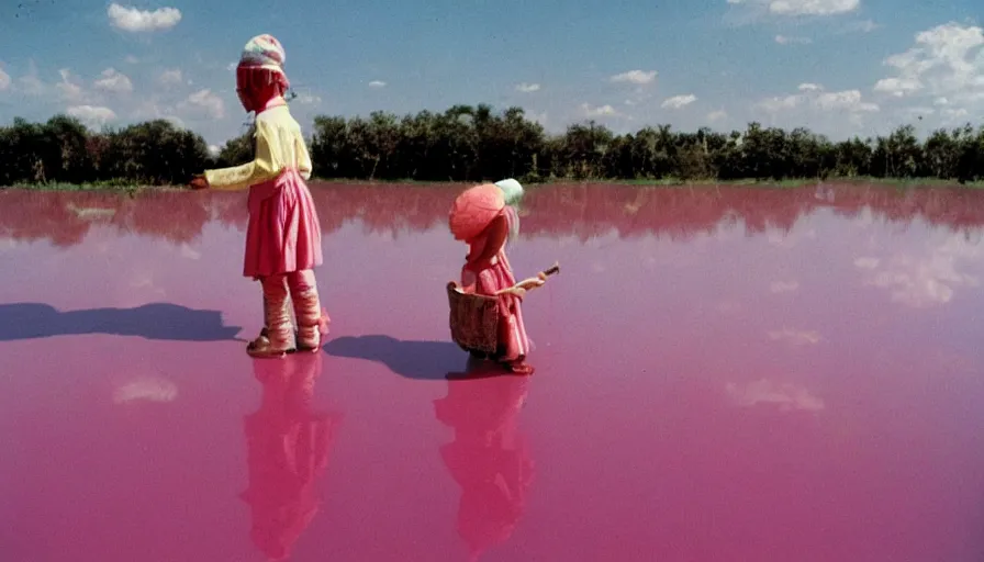 Prompt: 3 5 mm photography of kids wearing a codex seraphinianus costume in a pink lake h 1 1 0 0