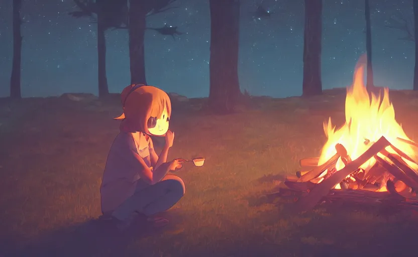 Prompt: a lonely girl roasting a marshmallow over a campfire at night on the Appalachian Trail, warm and wholesome glow, anime scene by Makoto Shinkai, digital art, 4k