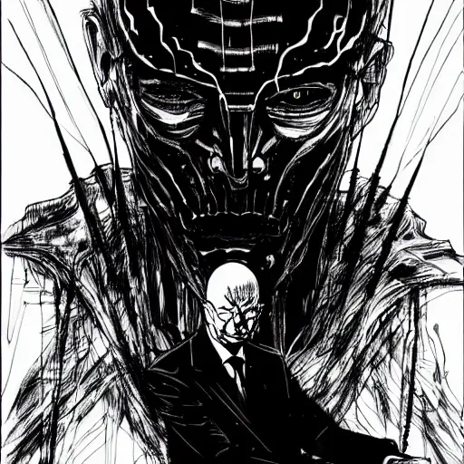 Image similar to Klaus Schwab looking sinister, by Tsutomu Nihei, highly detailed