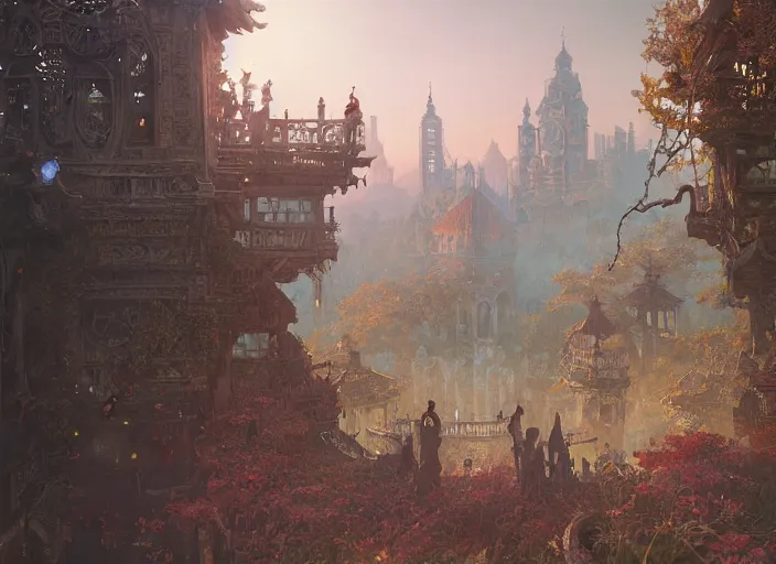 Prompt: highly detailed leipzig, undead land, stephen bliss, unreal engine, wuxia art by greg rutkowski, loish, rhads, ferdinand knab, makoto shinkai and lois van baarle, ilya kuvshinov, rossdraws, tom bagshaw, alphonse mucha, global illumination, radiant light, detailed and intricate environment