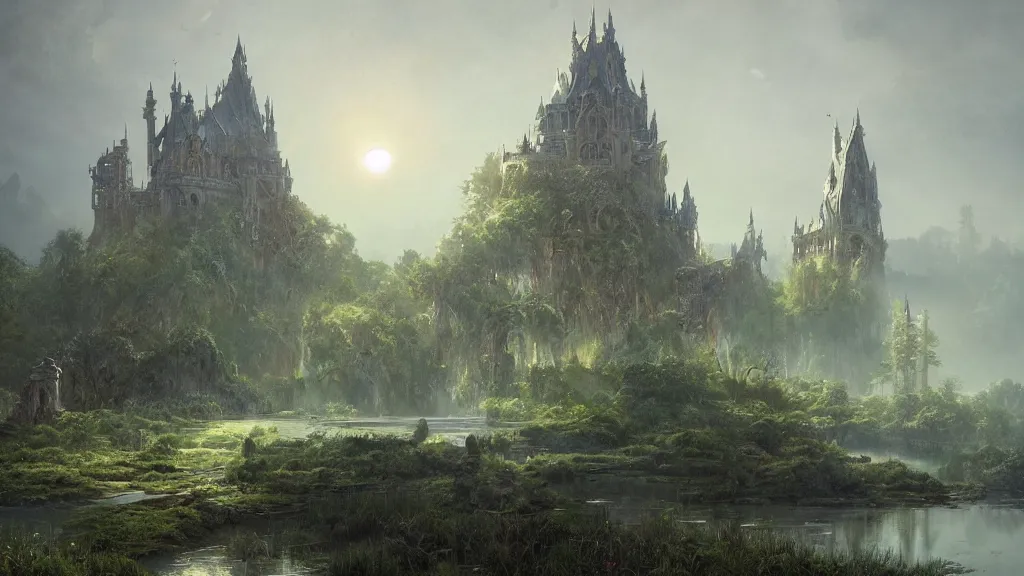 Prompt: A castle on a big magic tree, a huge moon in the sky, volumetric light scattering, ultradetailed, eerie, lustful vegetation, a beautiful pond near, elfs, by Greg Rutkowski, by Feng Zhu