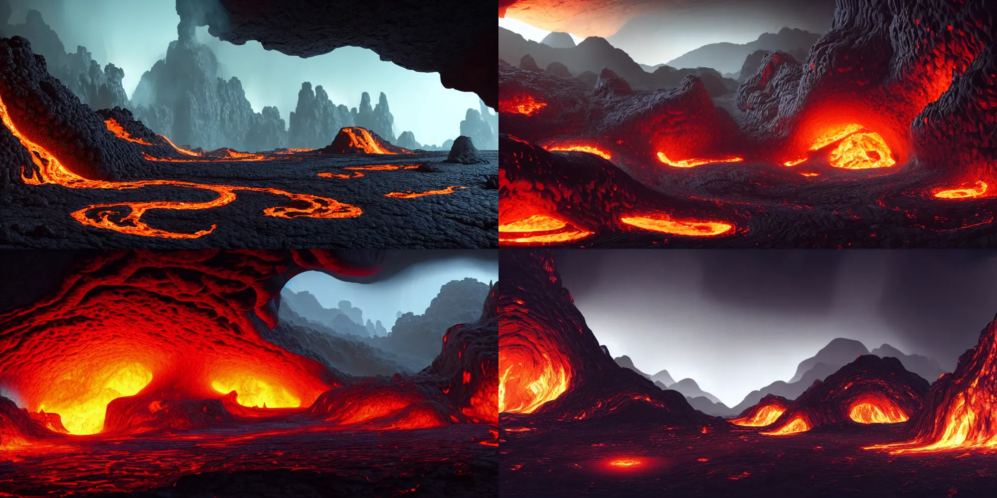 Prompt: Underworld caverns with mountains of ash and fire, huge obsidian structures, tall obsidian architecture, underground, flowing lava, cozy wallpaper, 4k, octane render, high details, Volumetric dynamic lighting, motion blur, blur, bokeh, trending on Artstation, award-winning, art by Chris Moore, by Victor Nizovtsev