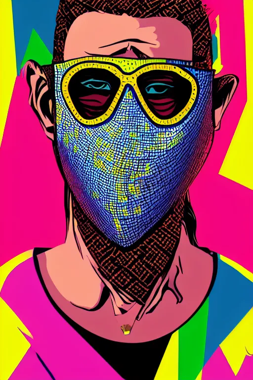 Image similar to random masked guy with blouse, pop art, aesthetic art, 8 k, asymmetrical, high details, digital painting, concept art, smooth, sharp focus, illustration, intricate, art by arstation and mimmo rottela, pixels art by paul robertson