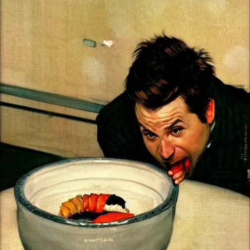 Image similar to Charlie Day eating sushi out of a white toilet bowl, Norman Rockwell,