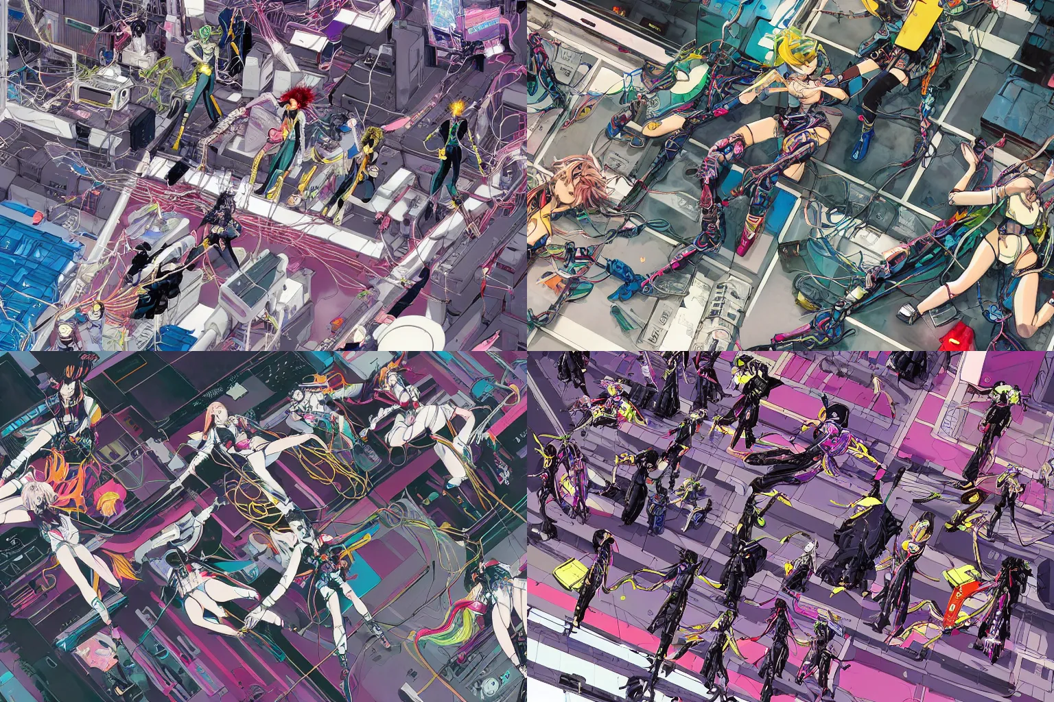 Prompt: a cyberpunk illustration of a group of four coherent colorful female androids dressed in seifuku in style of masamune shirow, lying scattered across an empty, white floor with their bodies rotated in different poses and cables and wires coming out, by yukito kishiro and katsuhiro otomo, hyper-detailed, intricate, bird view